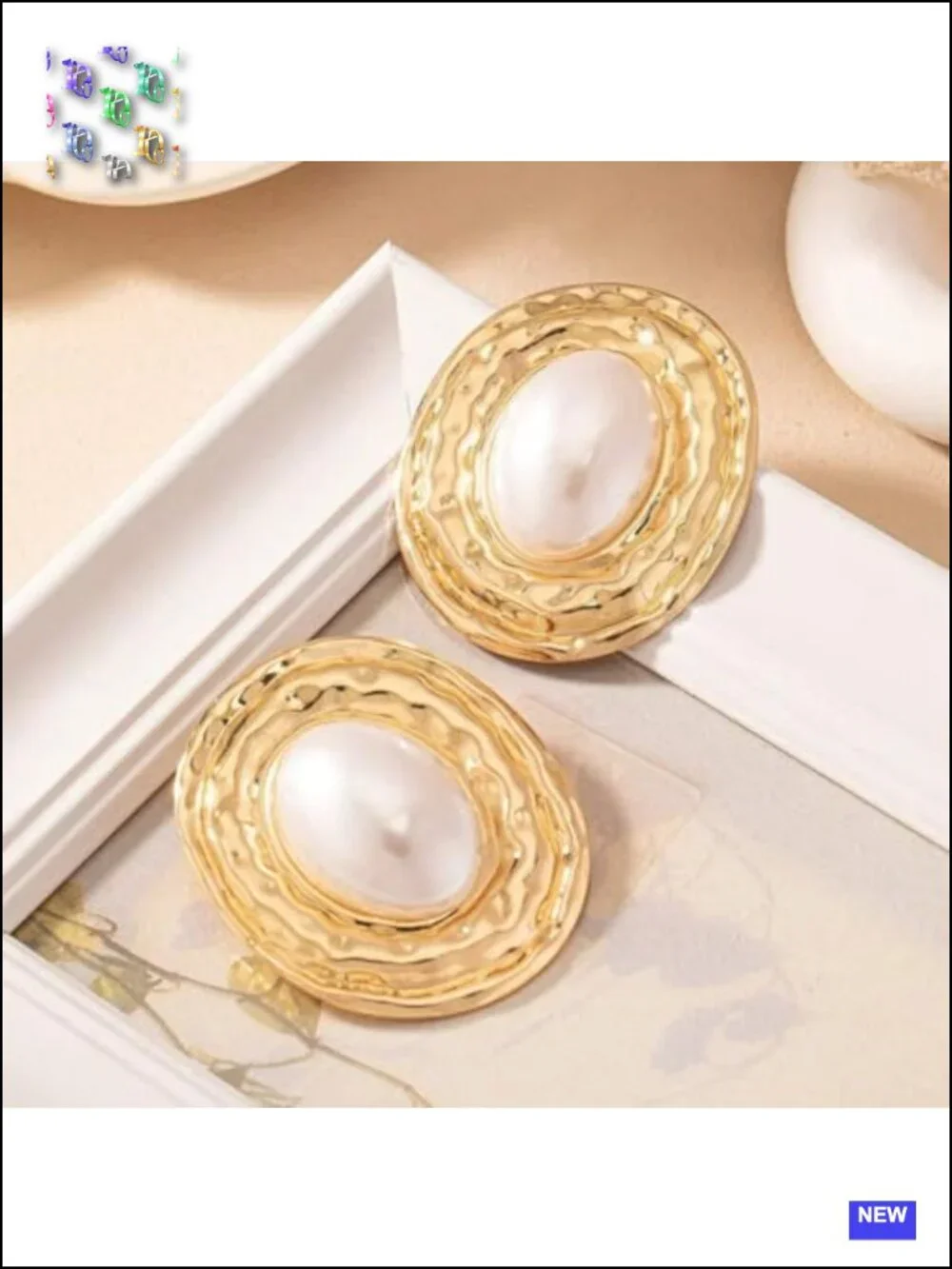 Large Gold Pearls Oval Dangling Earrings for Women Vintage Geometric Two Tone